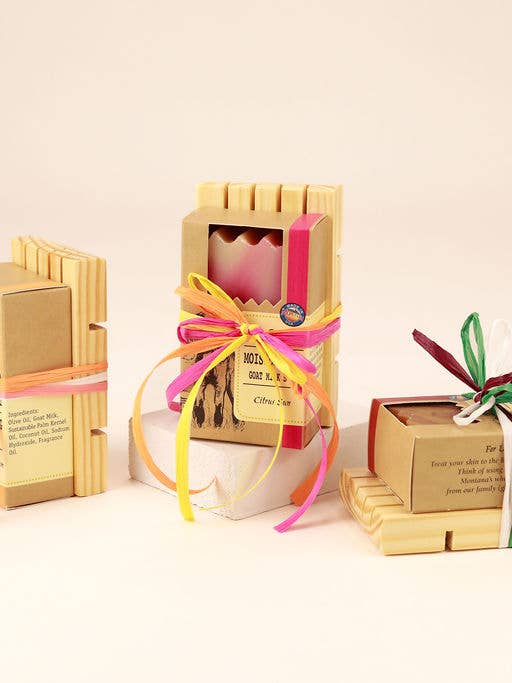 Gift Set | Wooden Soap Dish with Goat Milk Soap for wholesale by Windrift Hill Goat Milk Skincare