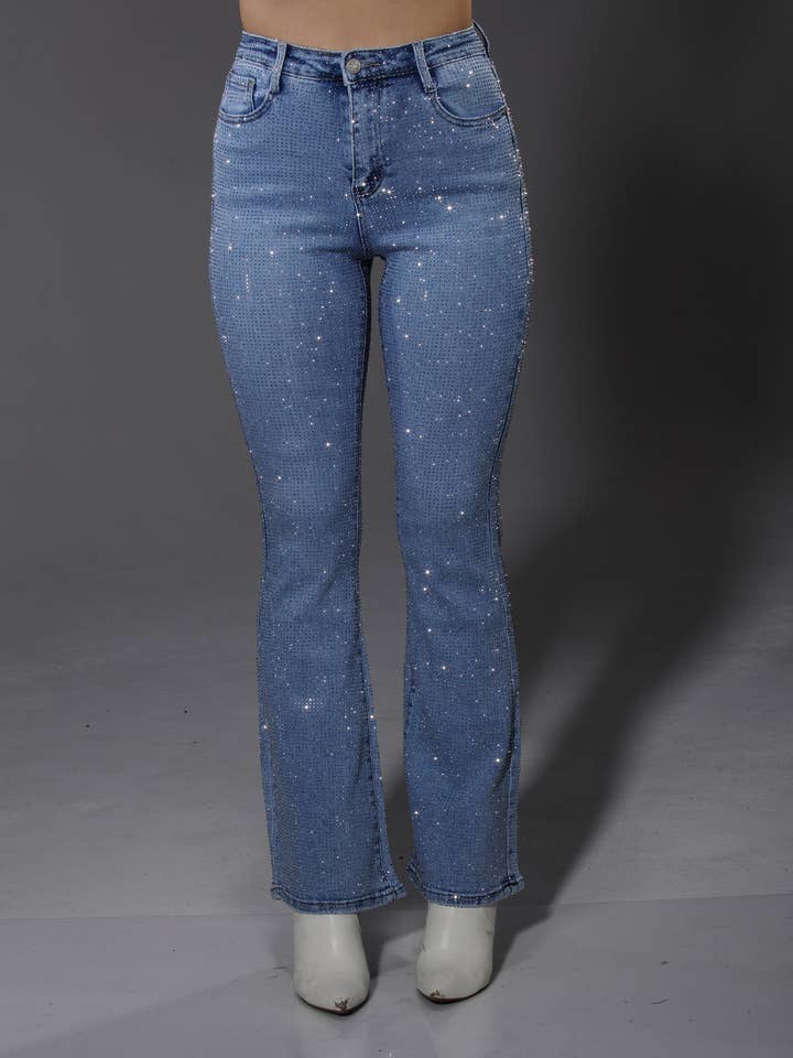 NR3505 medium blue wash full stone embellished jeans for wholesale by Nina Rossi Jeans