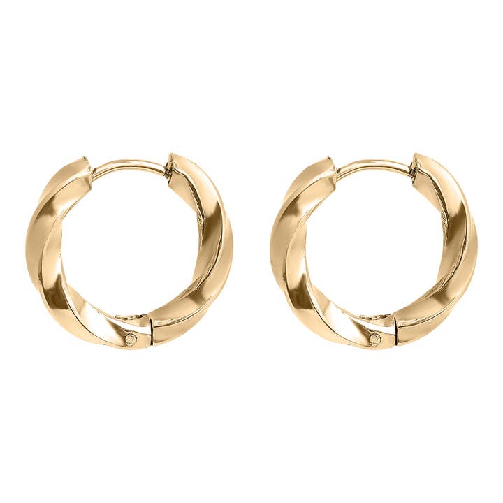 WJW - Wholesale Huggie Earrings - 18K Gold PVD Stainless Steel Textured Twisted Huggie Hoop Earrings / ERJ0026