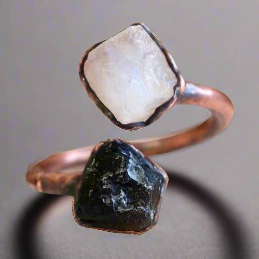 Black Tourmaline & Moonstone Twist Ring by Blackbird & Sage for wholesale by Blackbird & Sage Jewelry