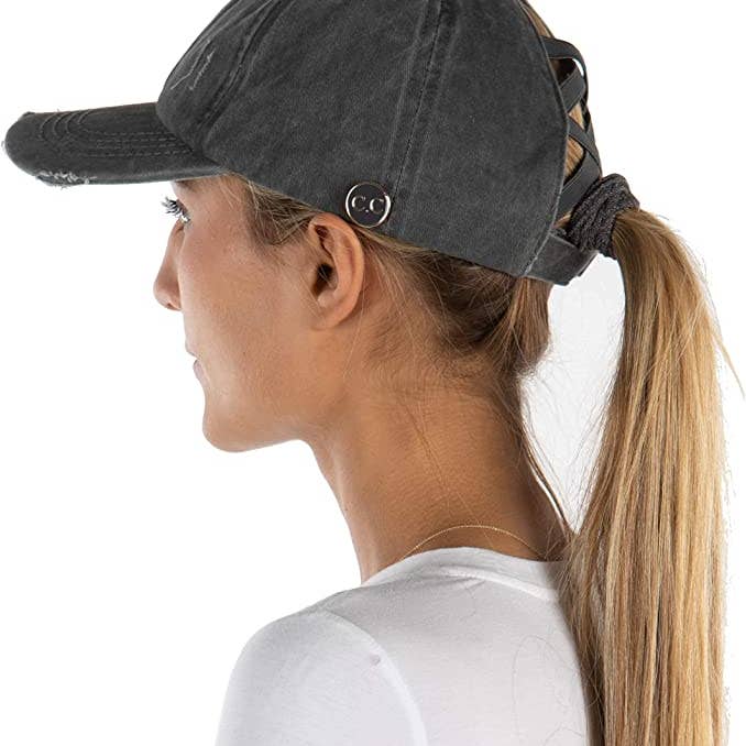 Funky Junque - Wholesale Ponytail cap – Women’s - Criss Cross Ponytail Cap w/Buttons (Charcoal)0