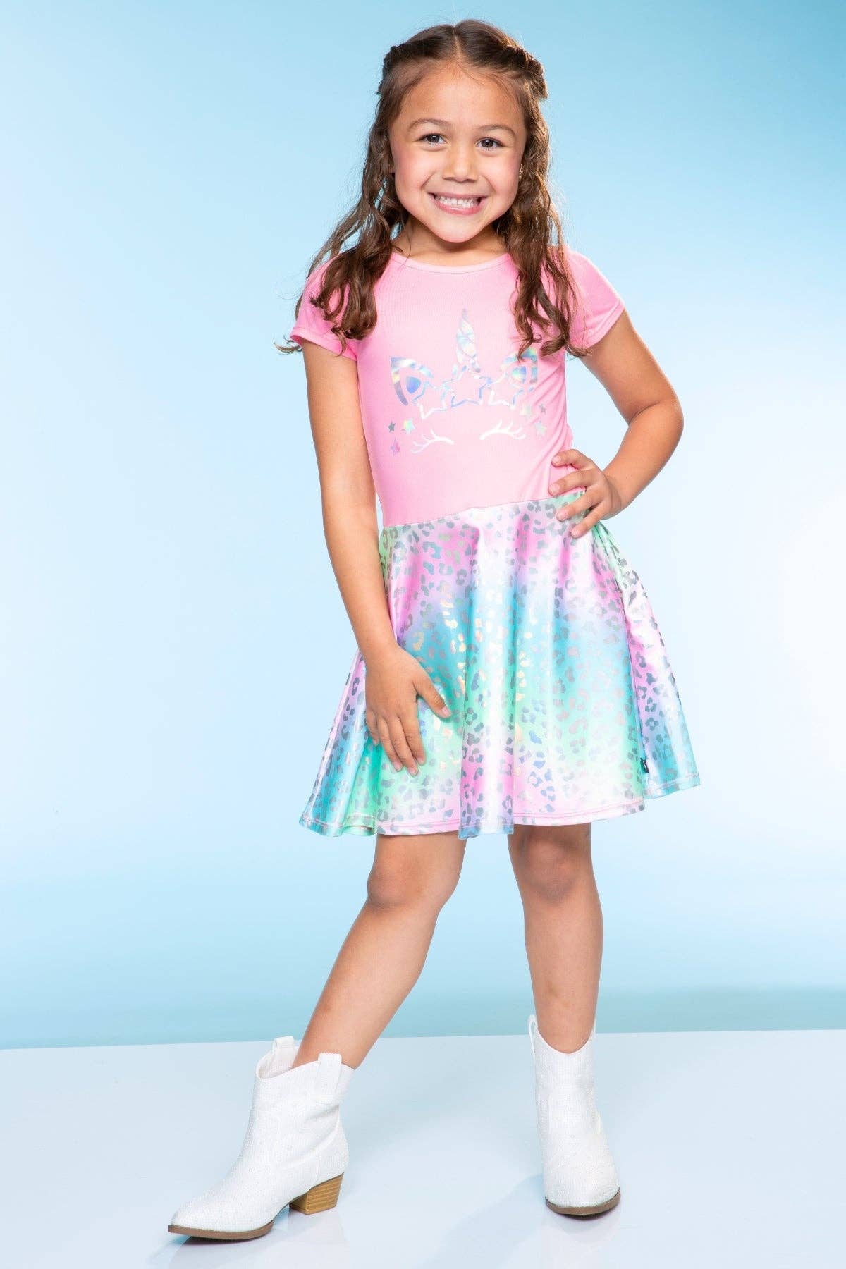 Rainbow Leopard Unicorn NEW  Foil Short Sleeve Skater Dress for wholesale on Faire3