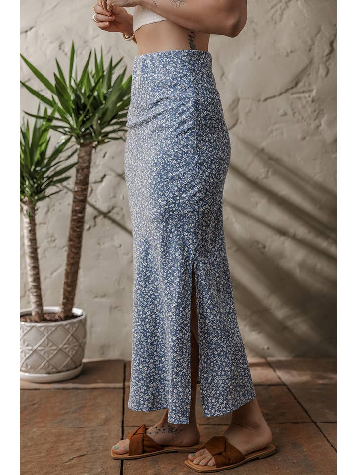 Sky Blue LDC Boho Floral High Waist Long Skirt with Side Split for wholesale on Faire