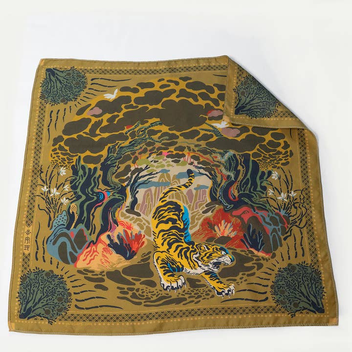 100% Silk Scarf-Tiger-Gold-Asian Style for wholesale by Yuke Li Studio