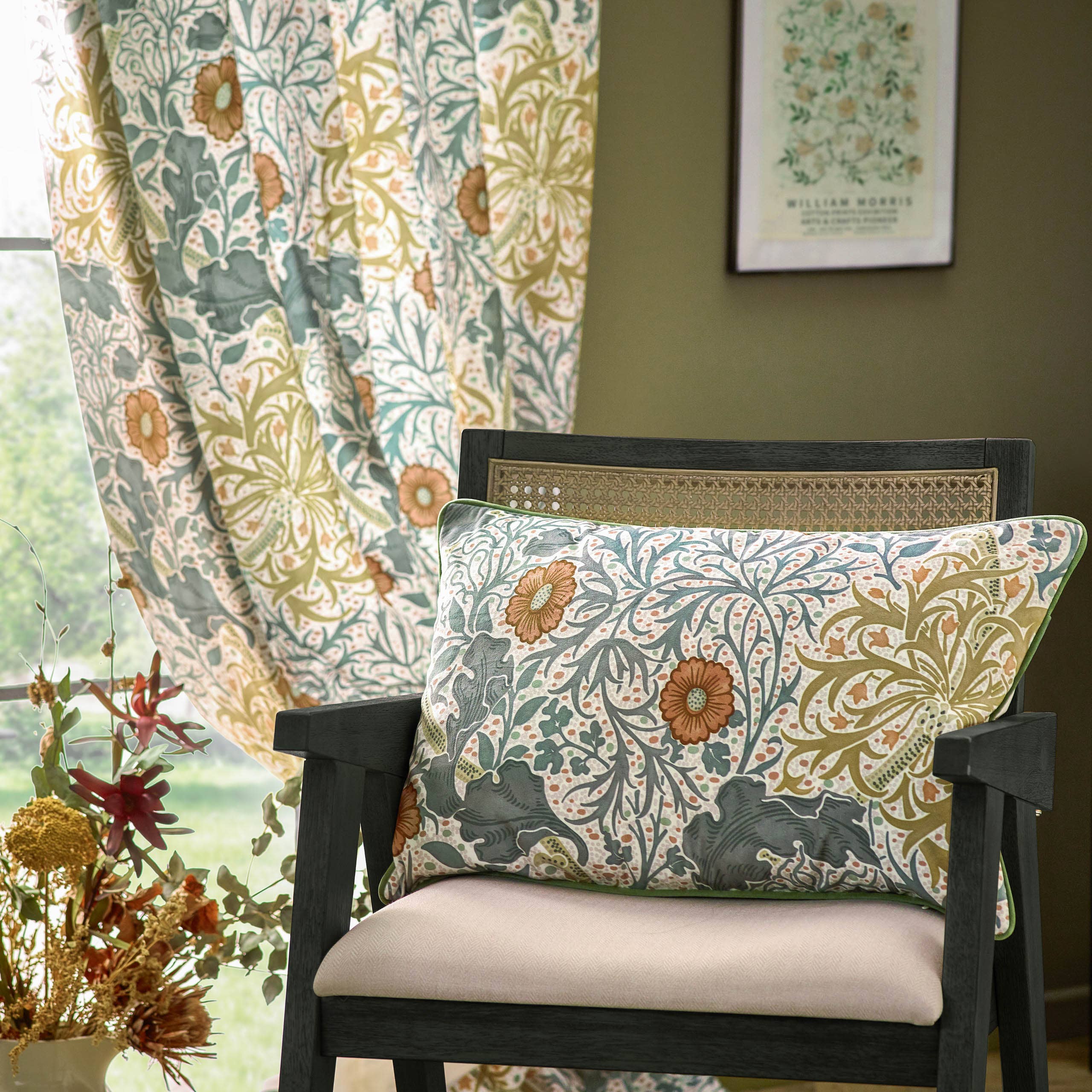 Stone Sunflower Seaweed Printed Velvet Pencil Pleat Curtains Stone/Sunflower for wholesale on Faire3