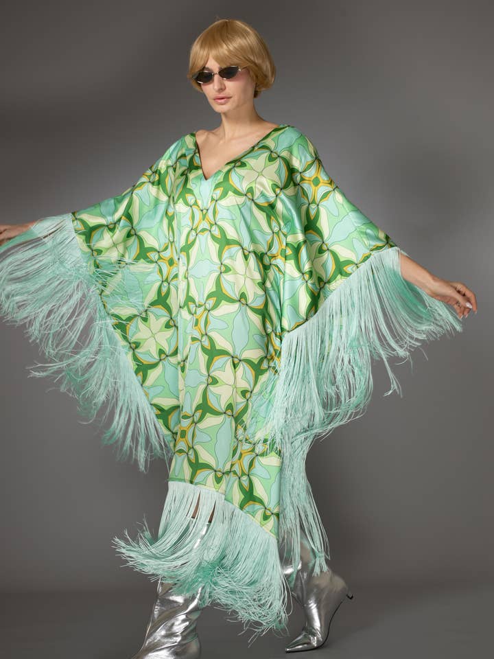 Nuvula - Wholesale Kaftan - Women's - Mint Green Fringed Satin Long Kaftan Dress 4