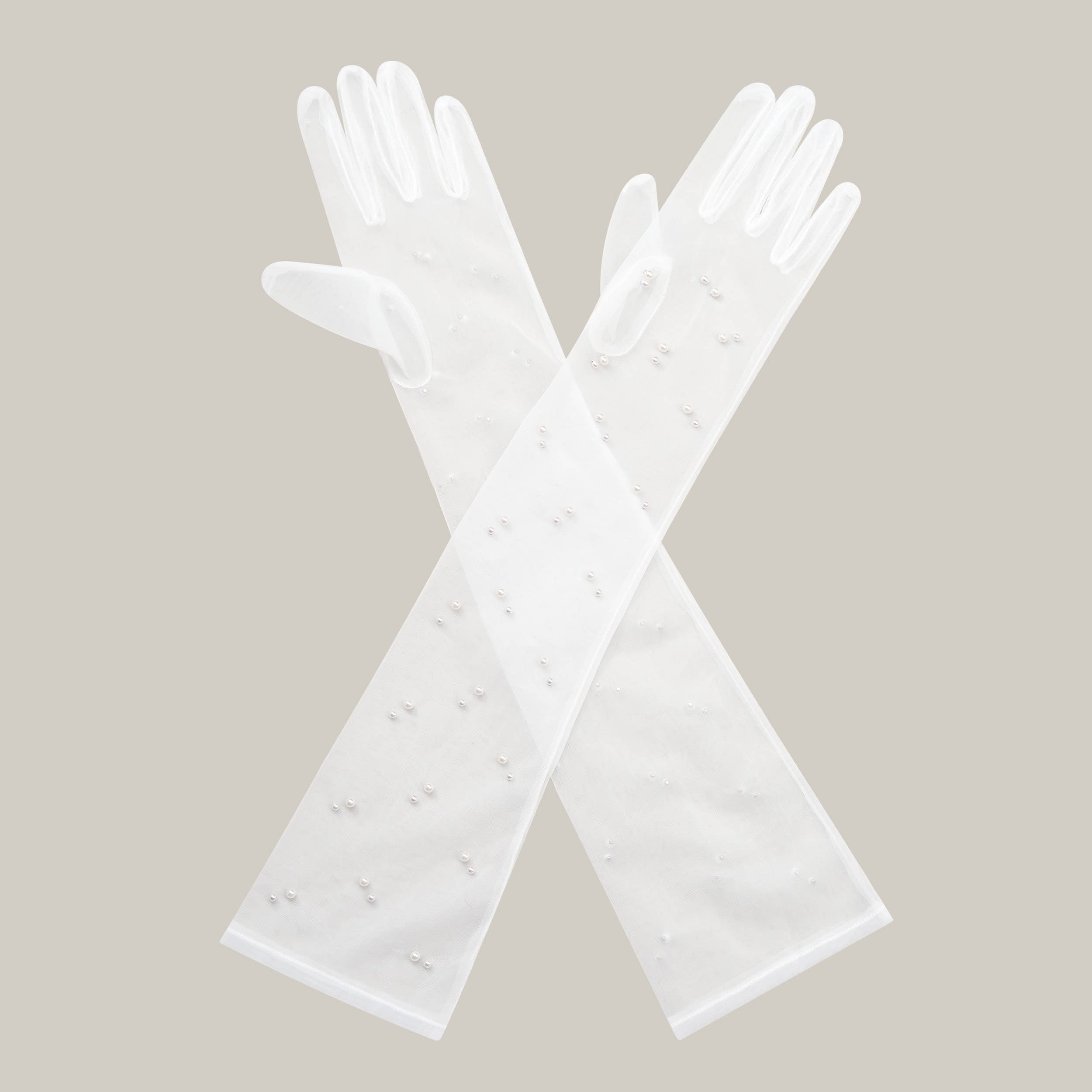 Floris Linens - Vente Gants – femme - Gants de mariage longs en tulle nylon avec perles de haute qualité2