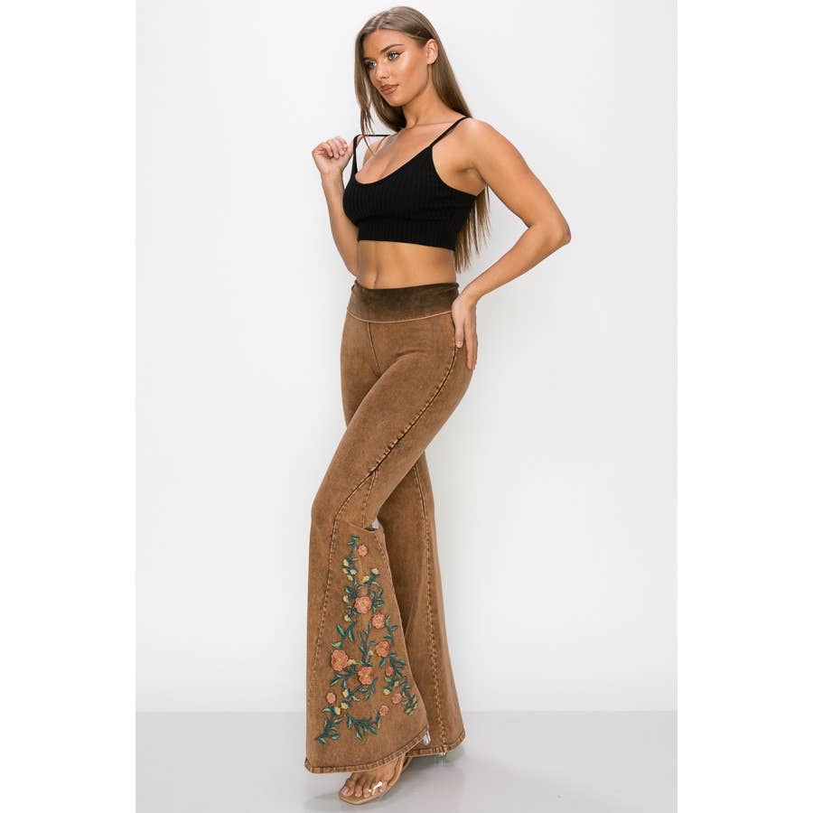 CAMEL Mineral Wash Floral Embroidery Flare Pants for wholesale on Faire4