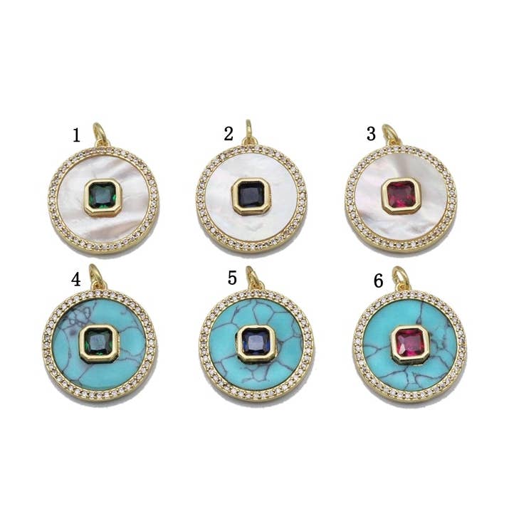 Gold CZ on MOP/Turquoise Round Charm, Sku#L692 for wholesale by BestBeads&Beyond