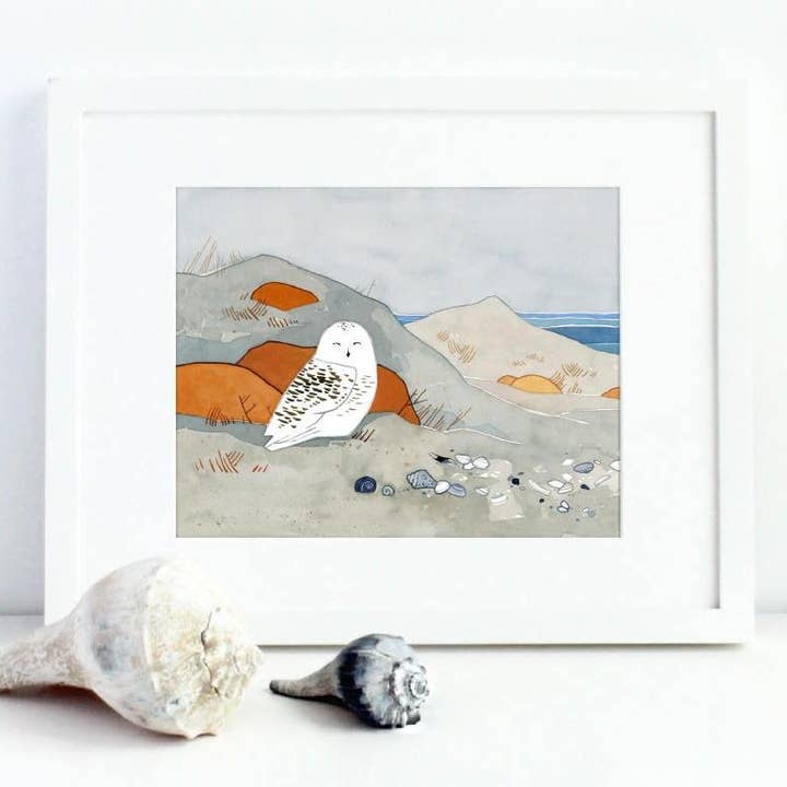 Snowy Owl Beach Watercolor Print, Winter Seashore Art Print for wholesale by Studio Tuesday
