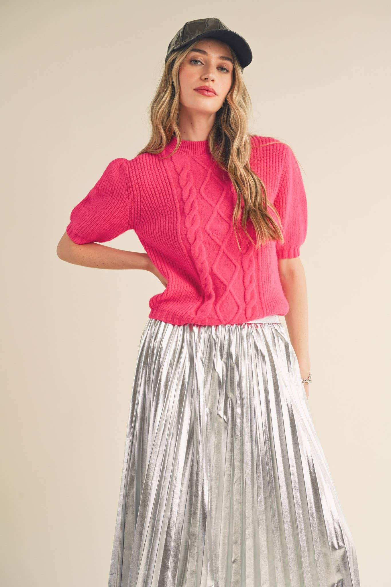 &MERCI - Wholesale Knit Sweater - Women's - CABLE KNIT SHORT PUFF SLEEVE SWEATER MSW104015