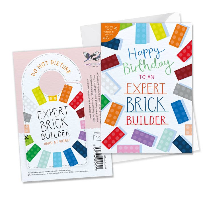 Two For Joy Illustration - Wholesale Birthday Card - Expert Brick Builder Birthday Card with Crafty Project