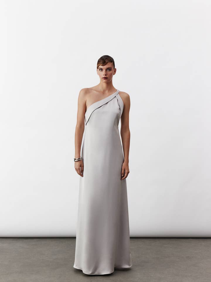 Aimee Long Satin Dress in Silver for wholesale by NAZLI CEREN