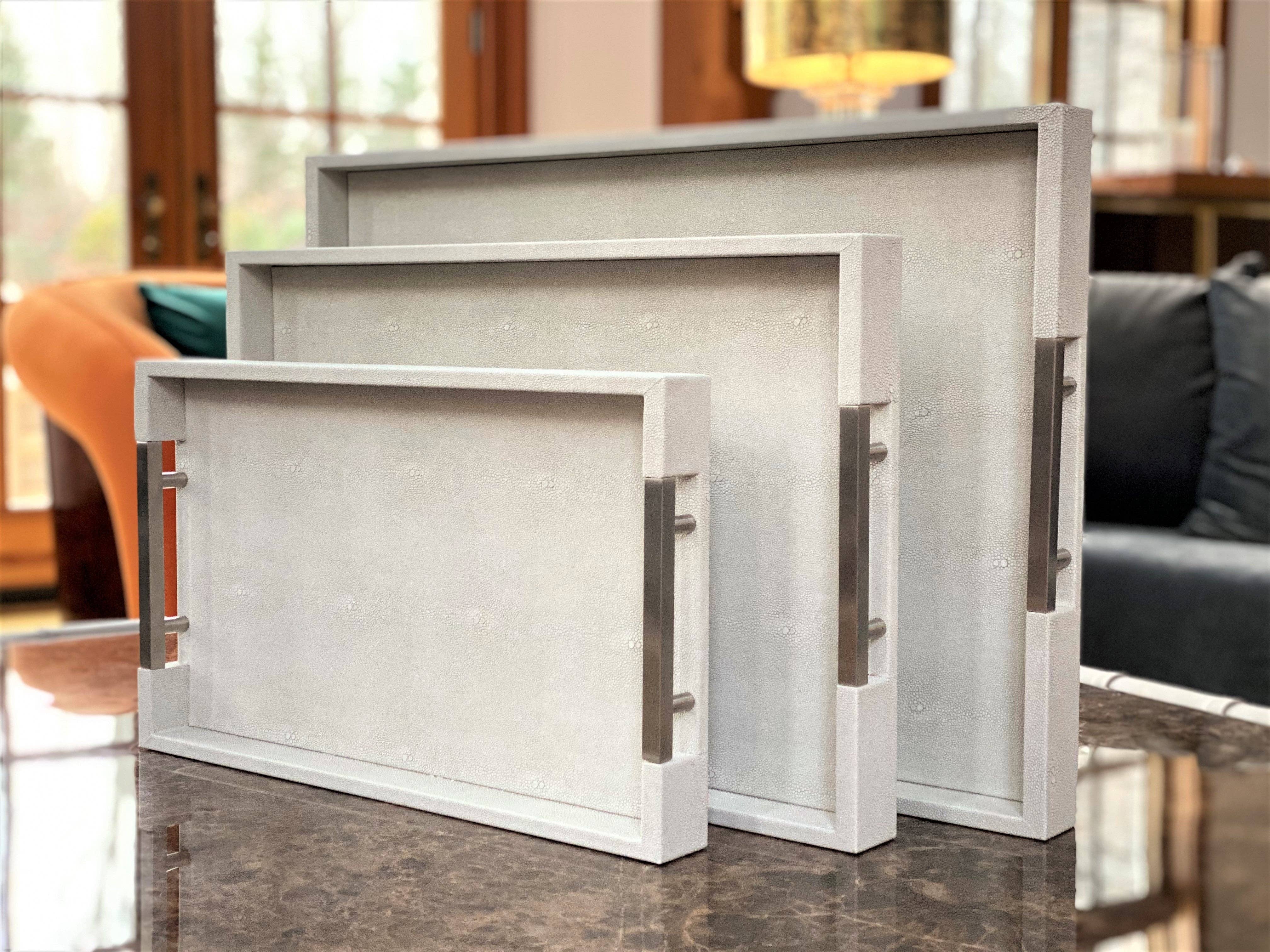 One Preevay Luxury Home Furniture & Decor - Wholesale Serving Tray - Thursby Luxury Shagreen Serving Tray | Exotic Embossed Leather | Nickel Handwear18