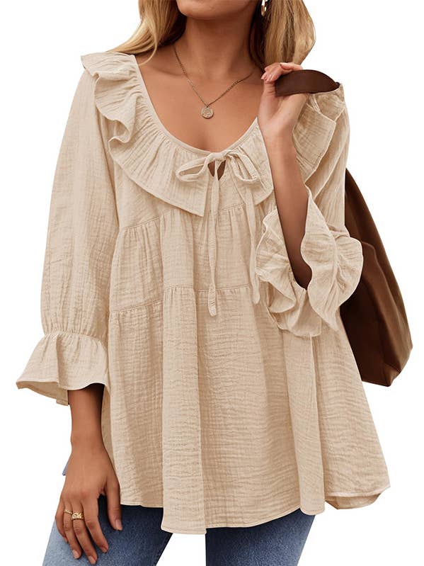 Crew Neck Tie Front Pleat Layered Loose Waist Shirt for wholesale by Rosa Clothing