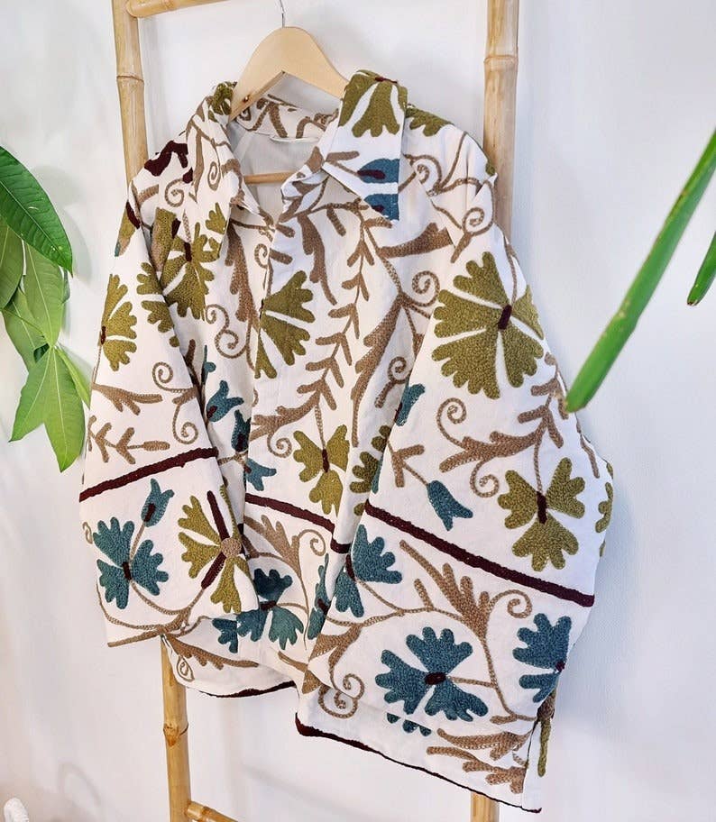 Essential Designs London – wholesale Jacket – Women's – Suzani Hand Embroidered Short Jacket | Autumn Winter Boho Uzbek Kashmir Crewel | Christmas Special Gift | Classic ElegantWhite Olive Teal4