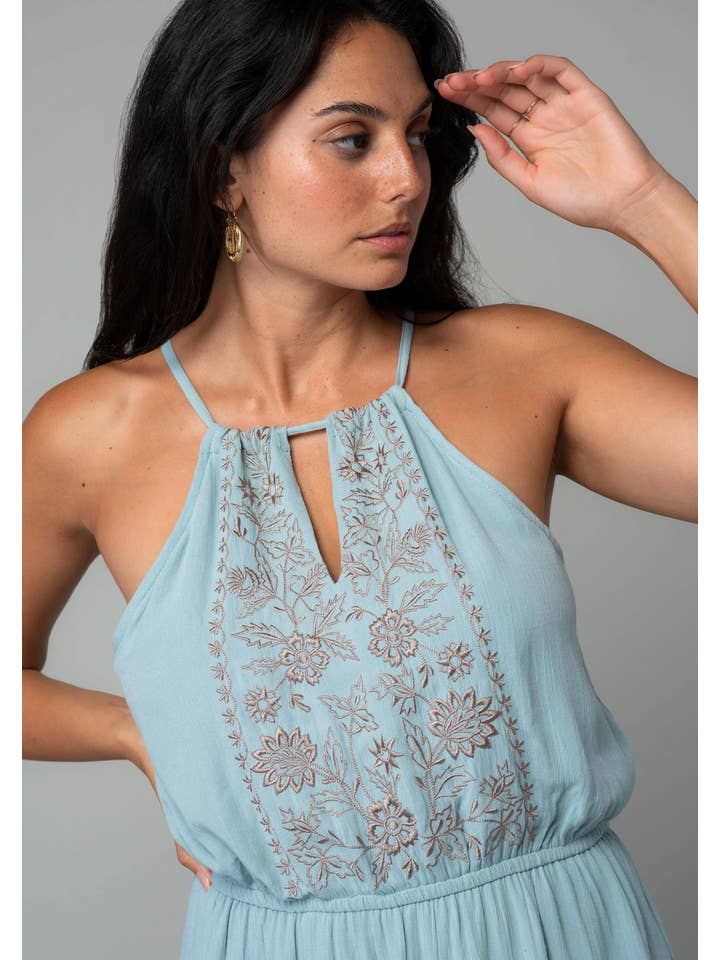 Lovestitch - Wholesale Dress - Women's - Linen Blend Embroidered Halter Tiered Maxi Dress9