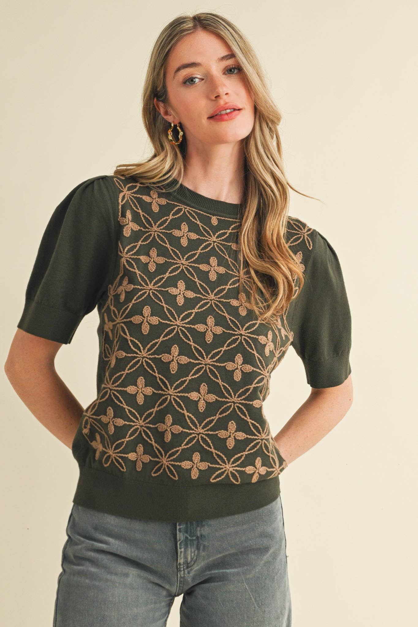 &MERCI - Wholesale Knit Sweater - Women's - SHORT PUFF SLEEVE EMBROIDERY FRONT SWEATER MSW1083234