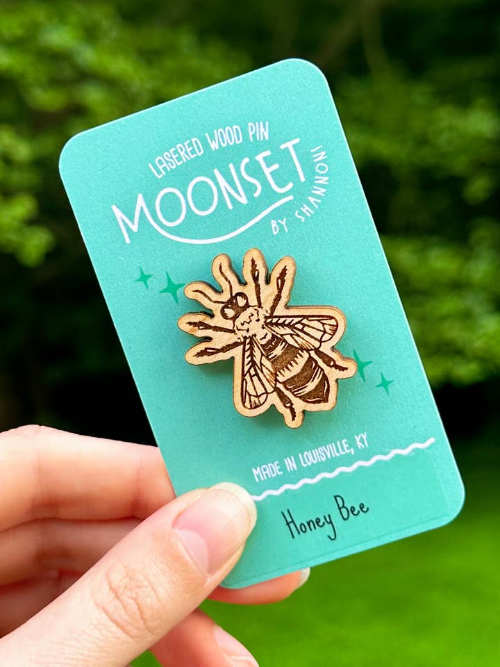 Honey Bee Wood Lapel Pin for wholesale by Moonset
