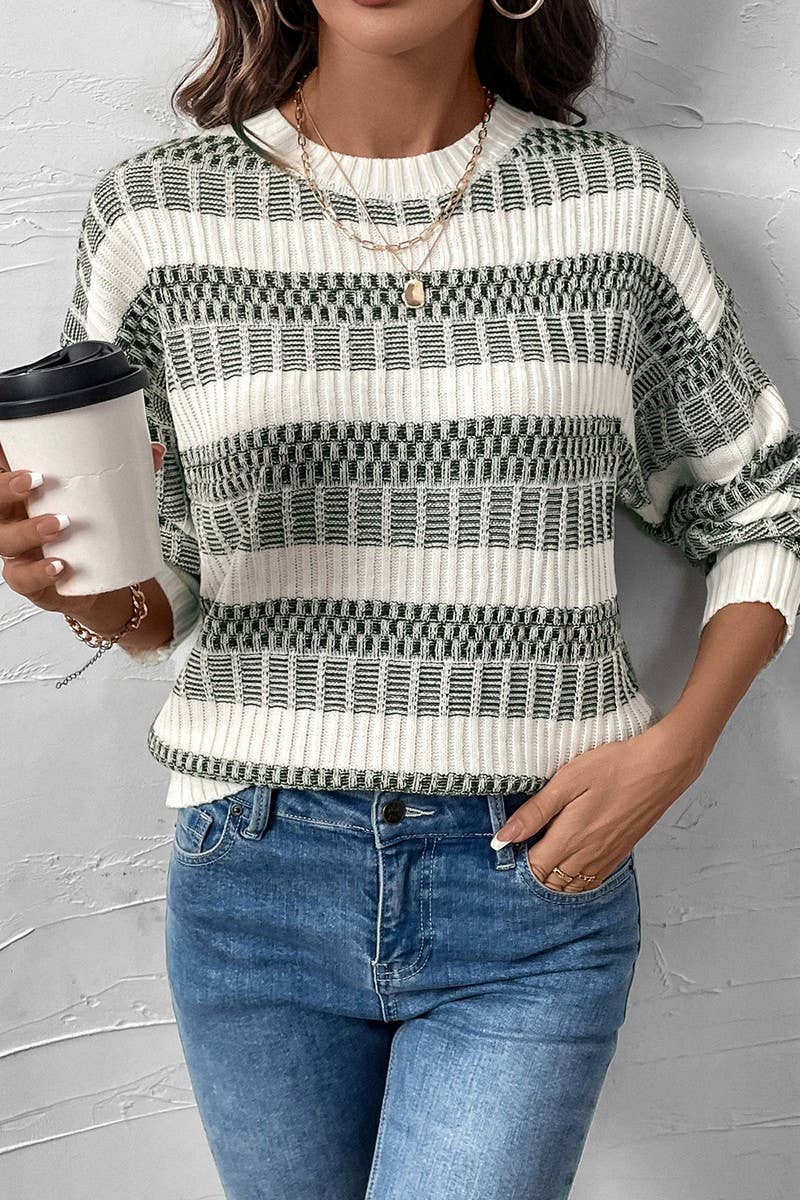 ARMYGREEN CWOSWL07895_STRIPED LONGSLEEVED PULLOVER KNITTED SWEATER TOP for wholesale on Faire6