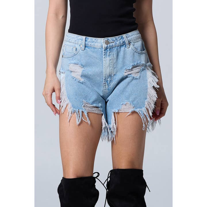 High Rise Acid Wash Frayed Side Cut Denim Short AS5001 Light for wholesale by Blue Turtle