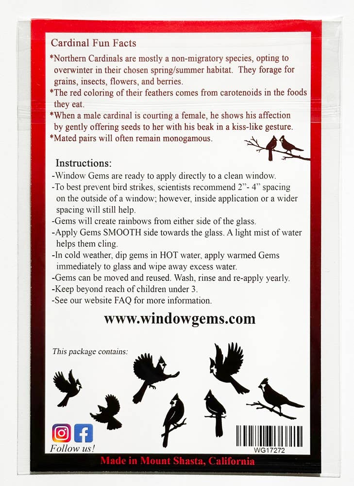 Window Gems - Wholesale Suncatcher - Cardinal Window Prismatic Decals - bird strike prevention5