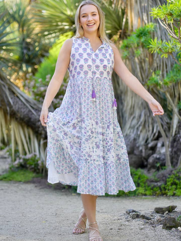 Nola Sleeveless Block Print Dress Lavender Teal for wholesale on Faire
