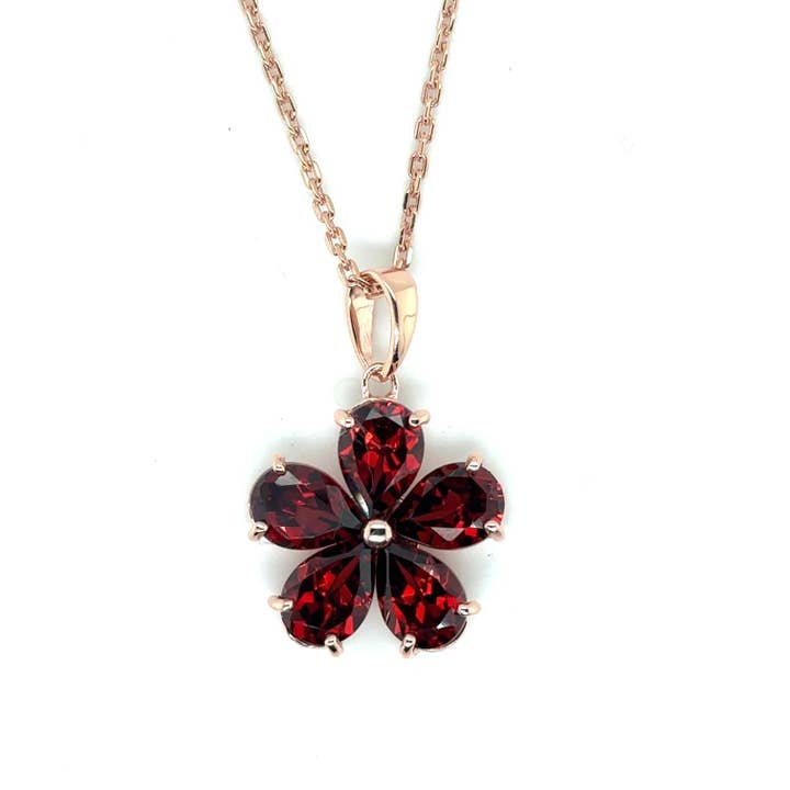 Rose Gold Plated 925 Natural Garnet Floral Pendant Necklace for wholesale by FCJ Jewelry LLC