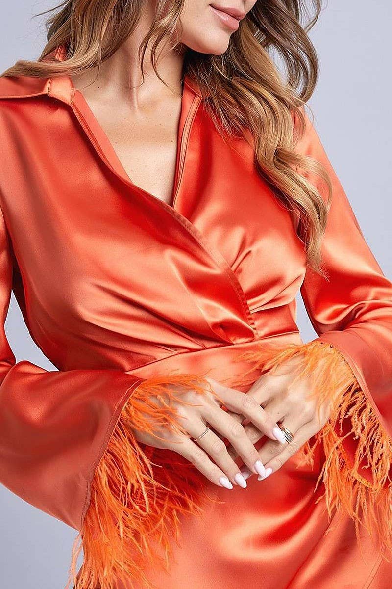 ROUSSEAU - Wholesale Dress - Women's - FEATHER SLEEVES WRAP MINI DRESS16