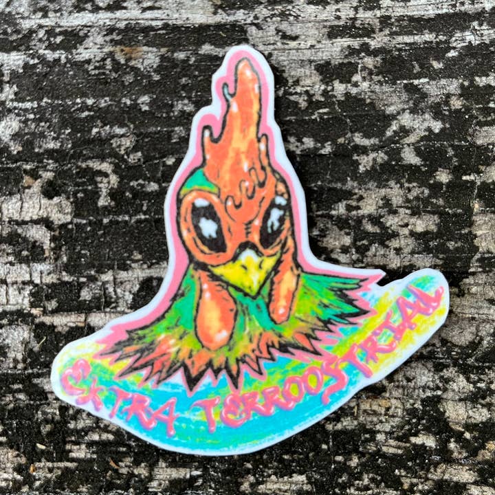 The Empathetic Chicken - Wholesale Phone & Laptop Stickers - Extra Terrestrial Alien Rooster Chicken Die Cut Sticker0