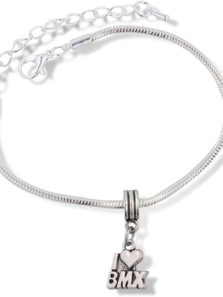 Bicycle Bracelet | I Love BMX bicycle racing Stainless Steel Snake Chain Charm Bracelet for wholesale by Dave The Bunny