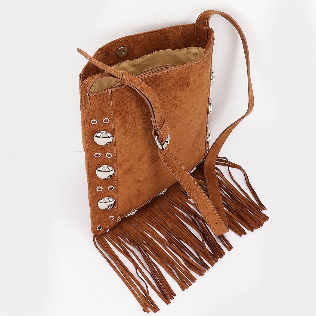 3AM BY H&D ACCESSORIES – wholesale Crossbody bag – Women's – Faux Suede Metal Studded Fringe Bag6
