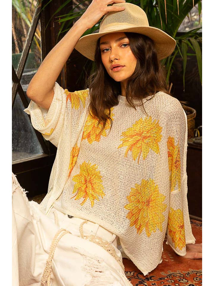 Pol Clothing - Wholesale Knit Sweater - Women's - Round neck flower print solid light weight sweater