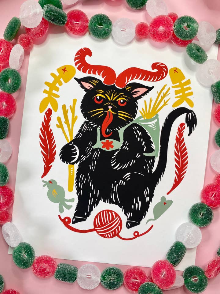 Krampus Cat Art Print, Krampus Kitty, Cat Gift, Cat Art for wholesale by Melissa Pothier Art