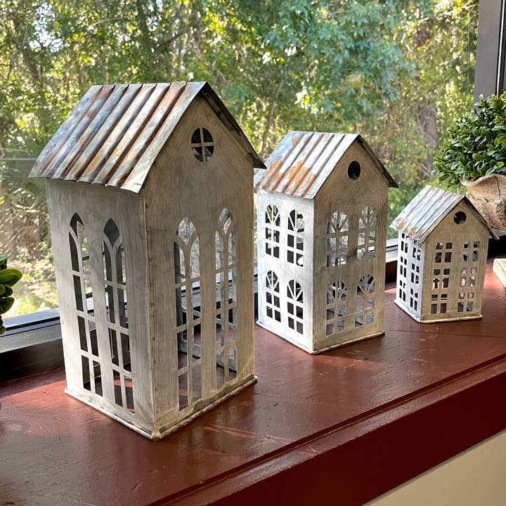 Zeckos - Wholesale Candle Holder - Rustic Charm Set of 3 Distressed Metal House Lanterns