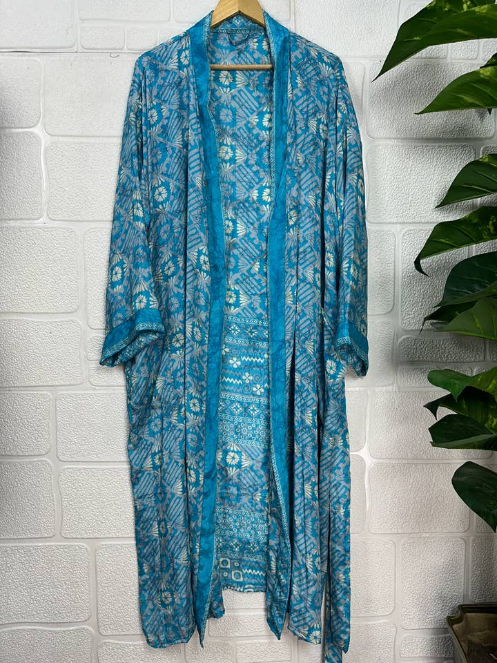 Indian Silk Kimono Robe | 100% Upcycled Silk Sari Loungewear for wholesale by The Eastern Loom