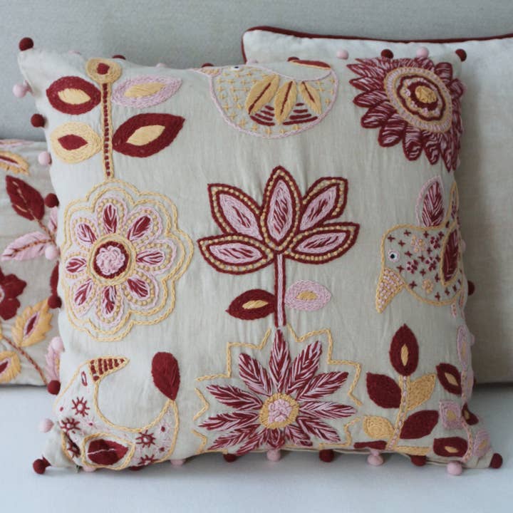 Carey Hand Embroidered Square Linen Cushion Cover for wholesale by Dormitory