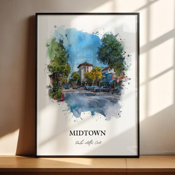 Palo Alto Wall Art, Palo Alto Print, Midtown Palo Alto Watercolor Art, Palo Alto CA Gift, Bay Area Art, Travel Poster, Housewarming Gift for wholesale by Premium Travel Art