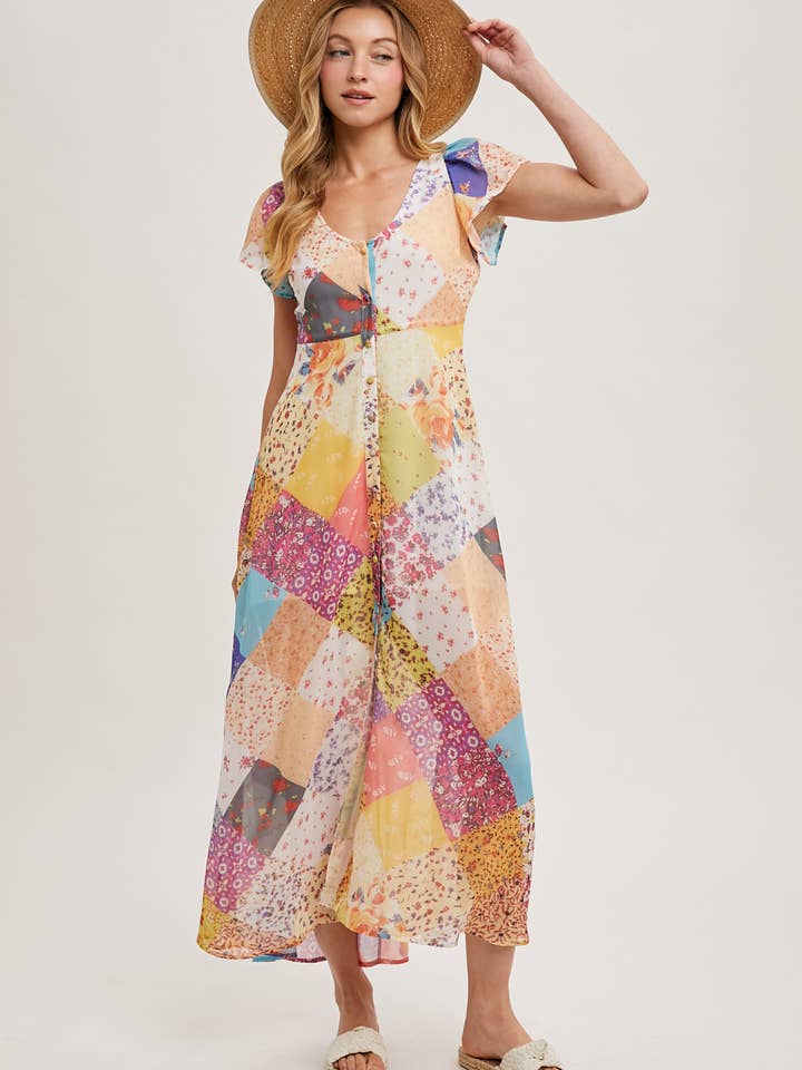 Bluivy - Wholesale Dress - Women's - QUILT PRINTED BUTTON DOWN MAXI DRESS