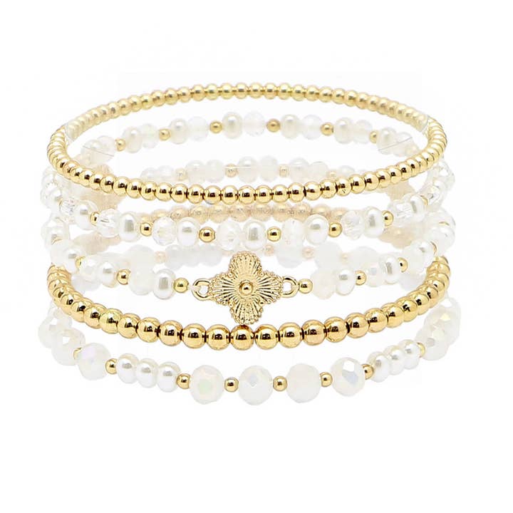 CLOVER ACCENT PEARL WITH BEAD MULTI LAYERED STRETCH BRACELET for wholesale by SOPHIA WHOLESALE
