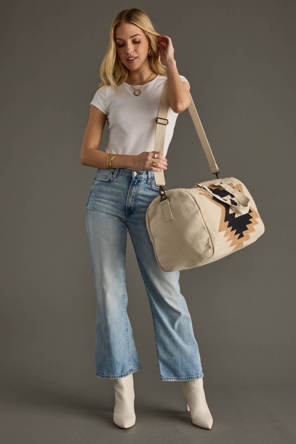 Panache Apparel Co. - Wholesale Weekender Bag - Women's - Cream, Tan & Black Aztec Duffel3