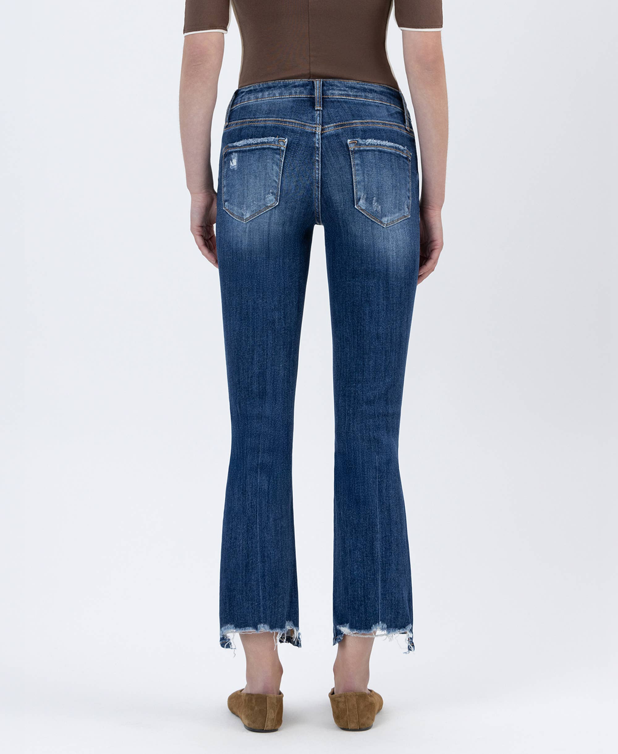 SPELLBOUND MID RISE SLANT STEP HEM CROP KICK FLARE JEANS LV1163 for wholesale on Faire1