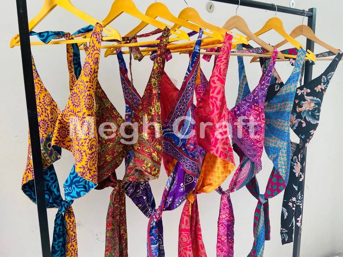 Meghcraft – Engroshandel Bluse - Dame – Upcycle silke vendbar haltertop med bindebånd i halsen6