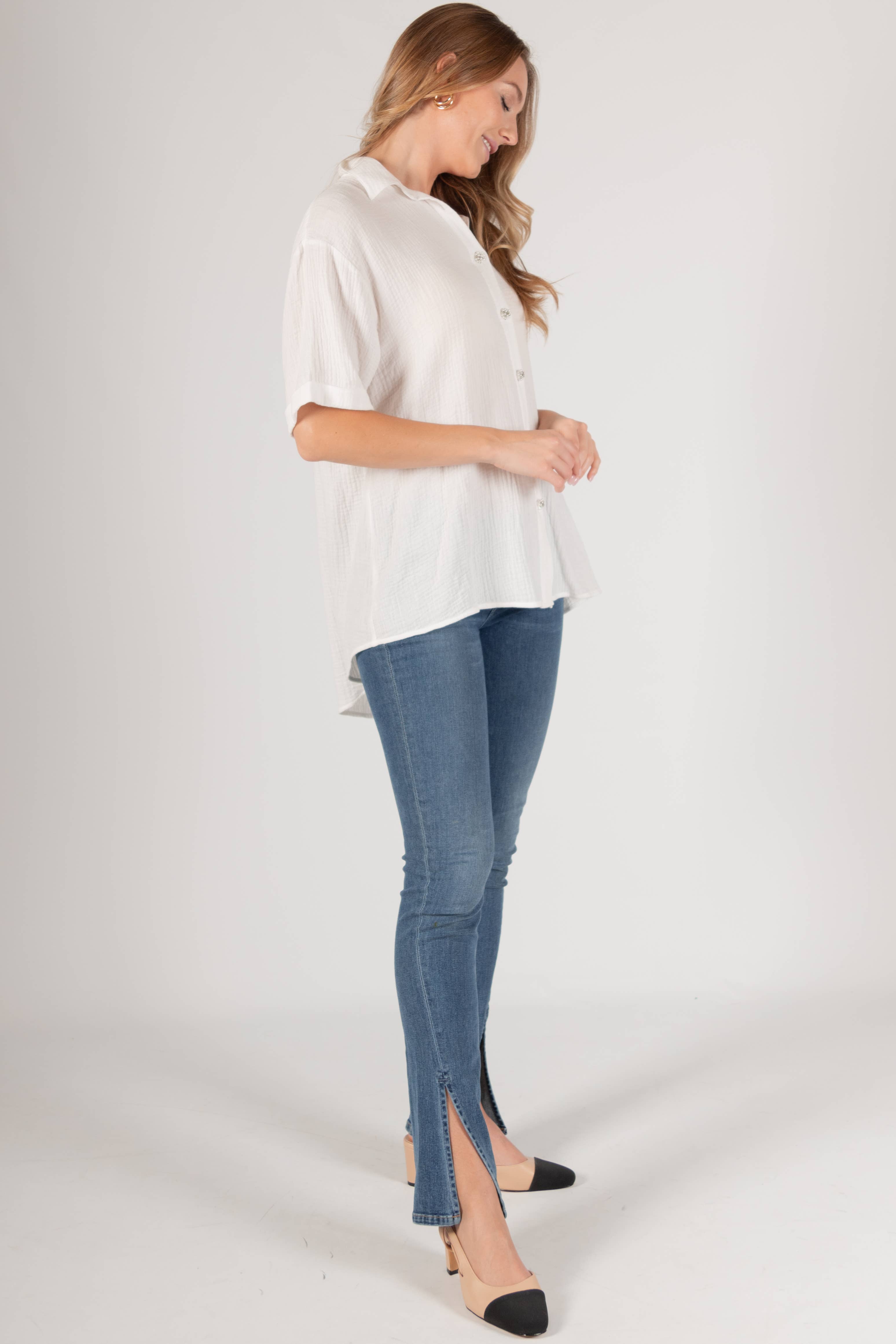 Blanc cassé Tunique boutonnée surdimensionnée en gaze avec boutons fantaisie en vente sur Faire3