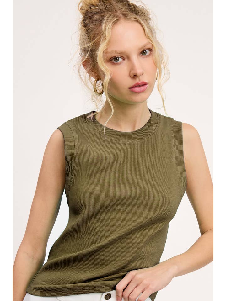 La Miel - Wholesale Tank Top - Women's - HUT7340-Stretchy Basic Ribbed Sleeveless Crew Neck Top25