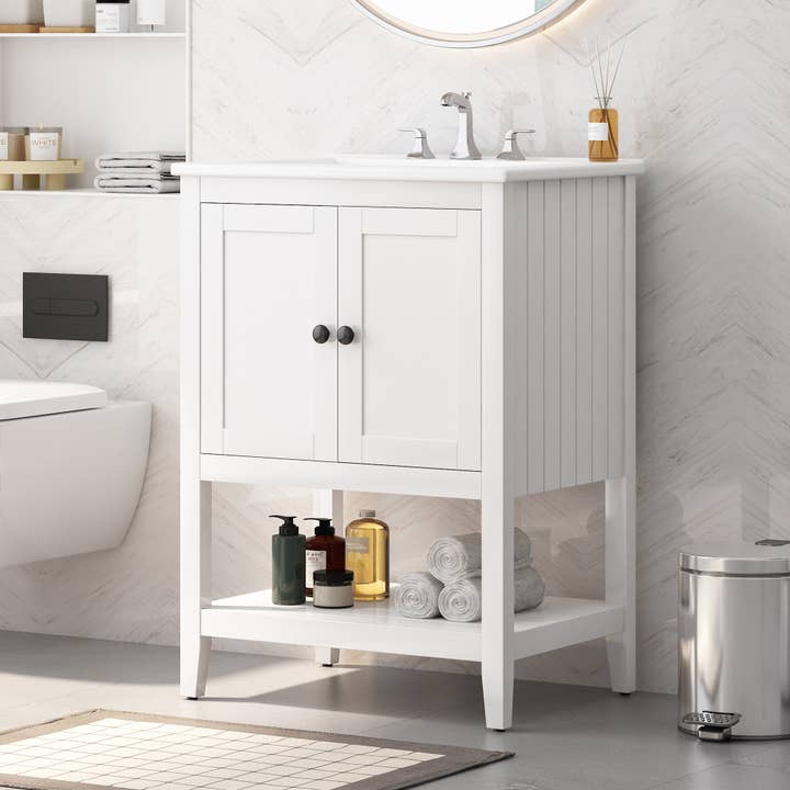 24" White Modern Bathroom Vanity w/ Ceramic Sink & Shelf for wholesale by 39F Inc.