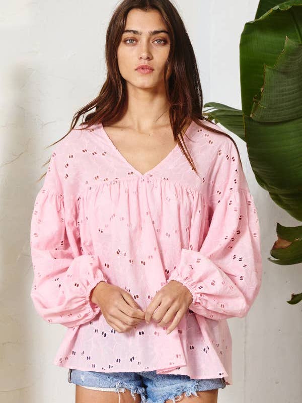 BUCKETLIST OUTLET - Wholesale Blouse - Women's - T1042K OUTLET SALE Puff Sleeve Eyelet Lace Babydoll Tunic