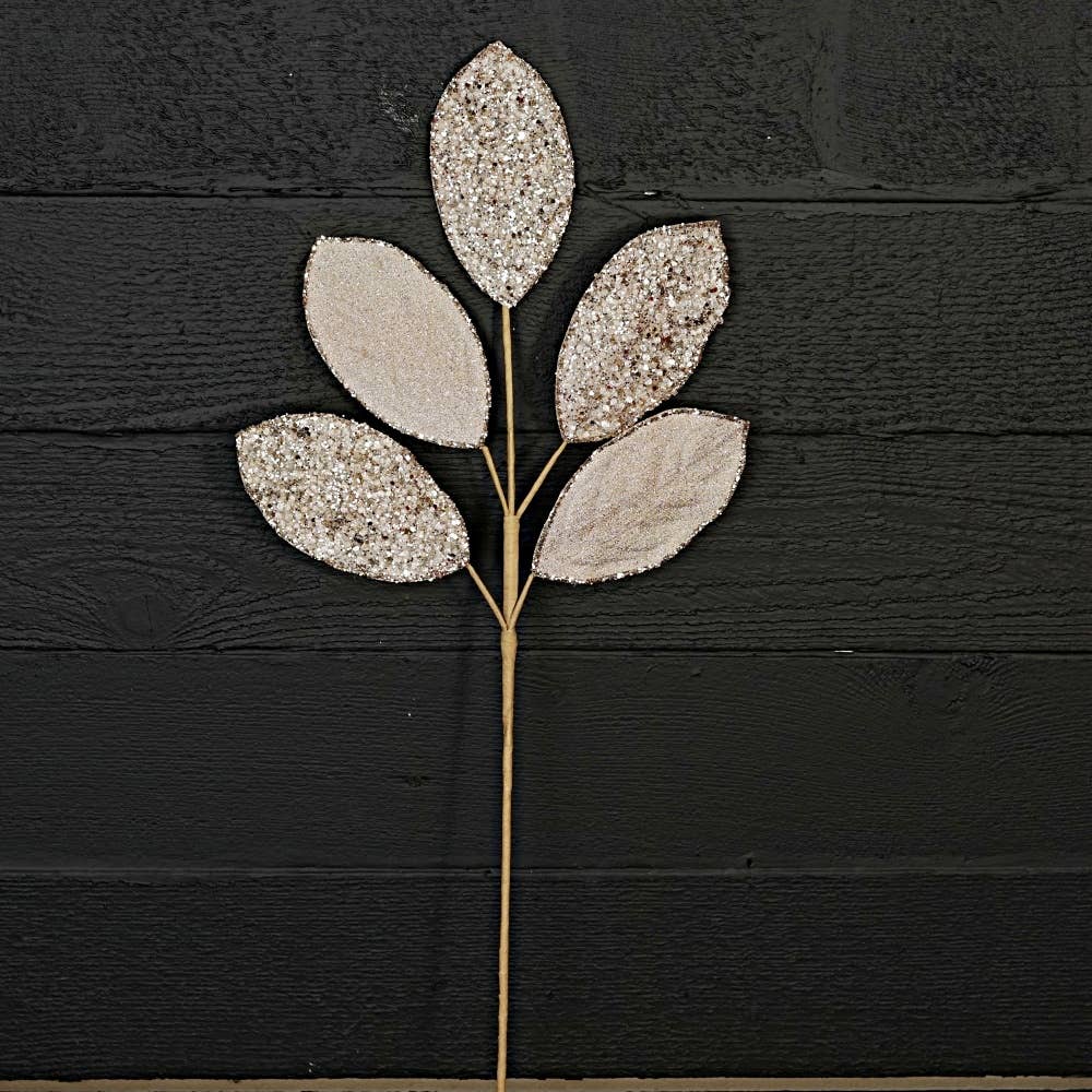 Holiday Depot Inc. - Wholesale Christmas Decoration - 32250-25in Spray-Beaded Metallic Magnolia Leaves x5-Champagn1