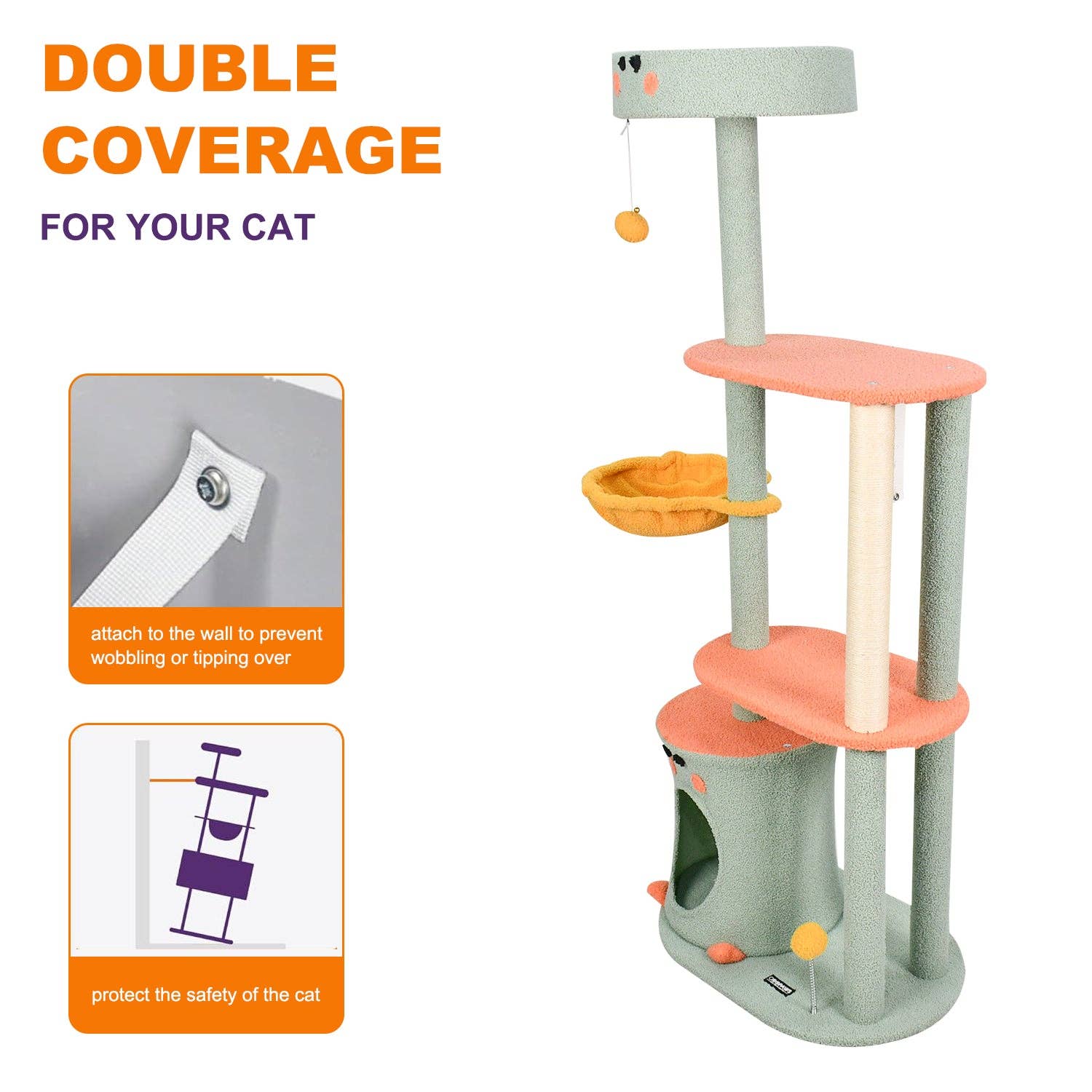 Jespet - Wholesale Pet Scratcher - Cat - GOOPAWS 3-Tier Faux Fur Cat Tree & Condo with Hammock, Green, 58.7''1