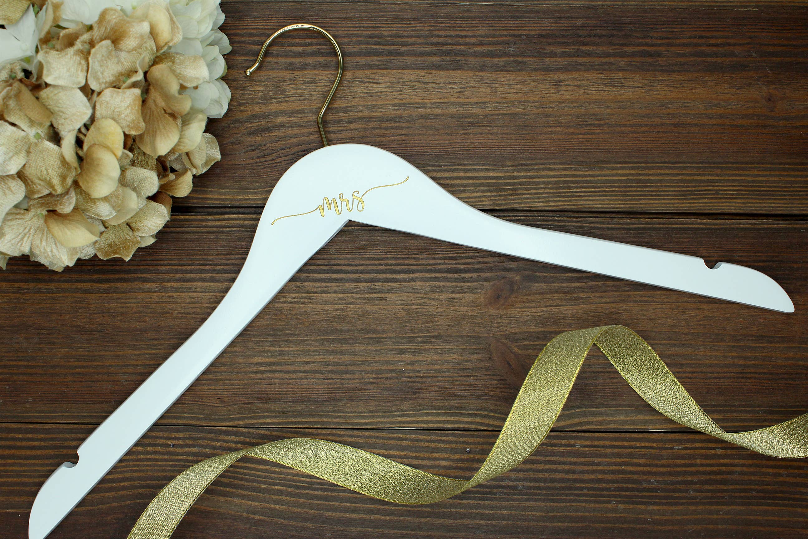 Bride and Bow - Wholesale Clothes Hangers - Mrs Gold Engraved Hanger, White with Gold Hook2